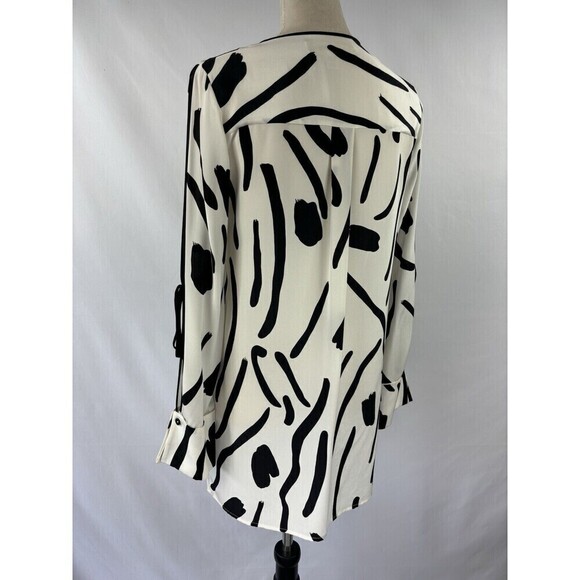 Diane Von Furstenberg Silk Blouse Tunic Top White Black Print 2 Silk Bows - Picture 8 of 16